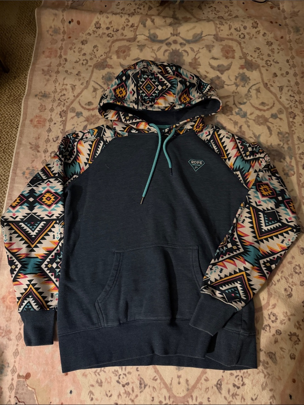 Hooey Navy Hoodie with Aztec Print Sleeves